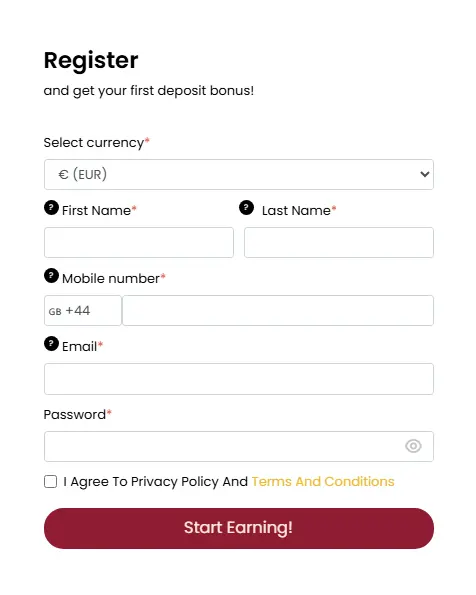 Spicy Jackpot casino registration form